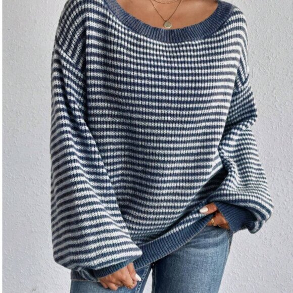 Striped Pattern Off Shoulder Lantern Sleeve Sweater Blue - Picture 2 of 5